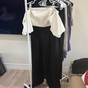 Eliza J Strapless Jumpsuit in Ivory and Black with puffed sleeves